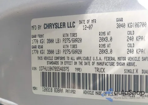 2008 Dodge Ram 1500 Slt from USA, damaged, VIN 1D7HU18N78S546975